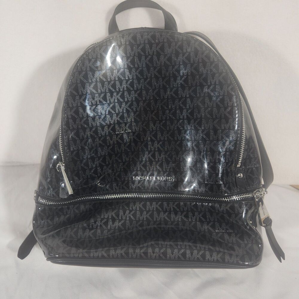 Michael Kors Black Signature Glossy XS Rhea Convertible Backpack Crossbody Bag